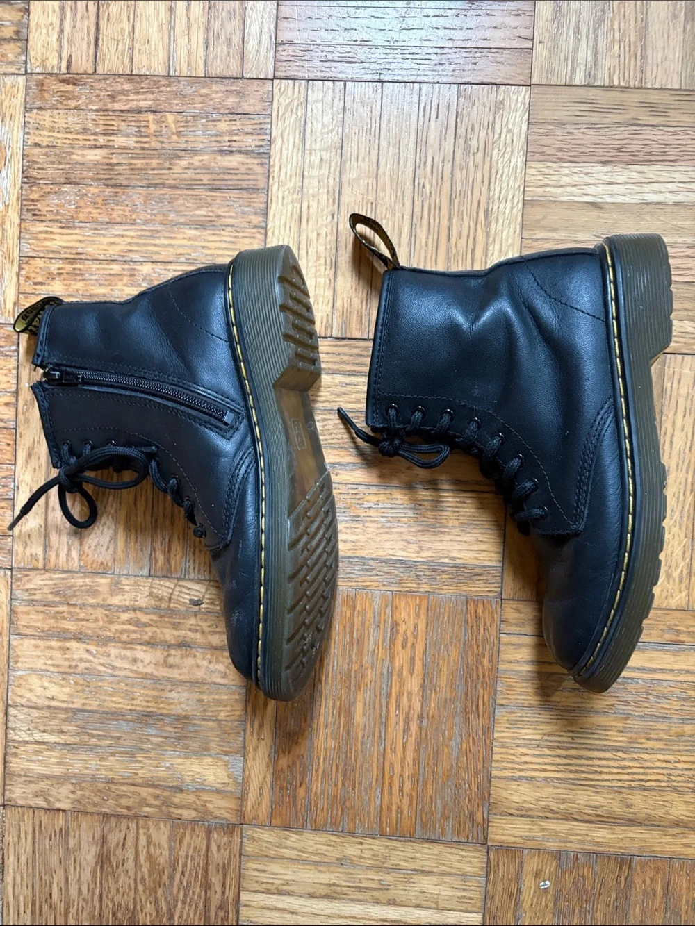 Dr Martens size 3 Black Lace-Up Combat Boots with Yellow Heel Loop